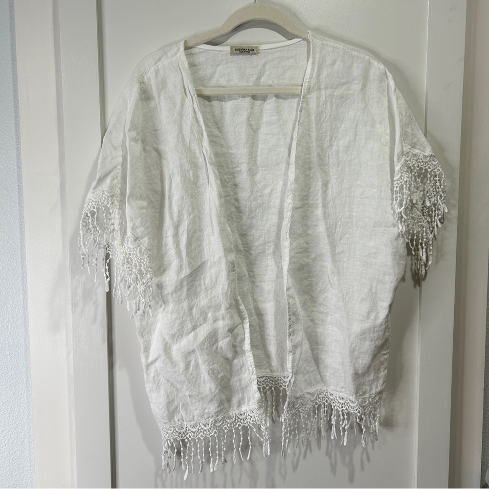 Valentina Naldi Open Front Linen Swimsuit Cover Up With Crochet Trim One Size